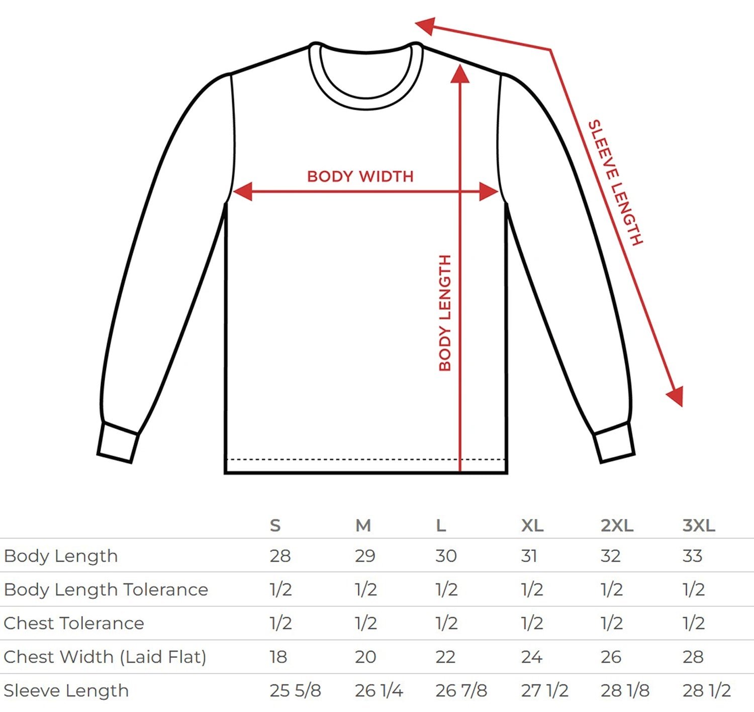 long sleeve size chart